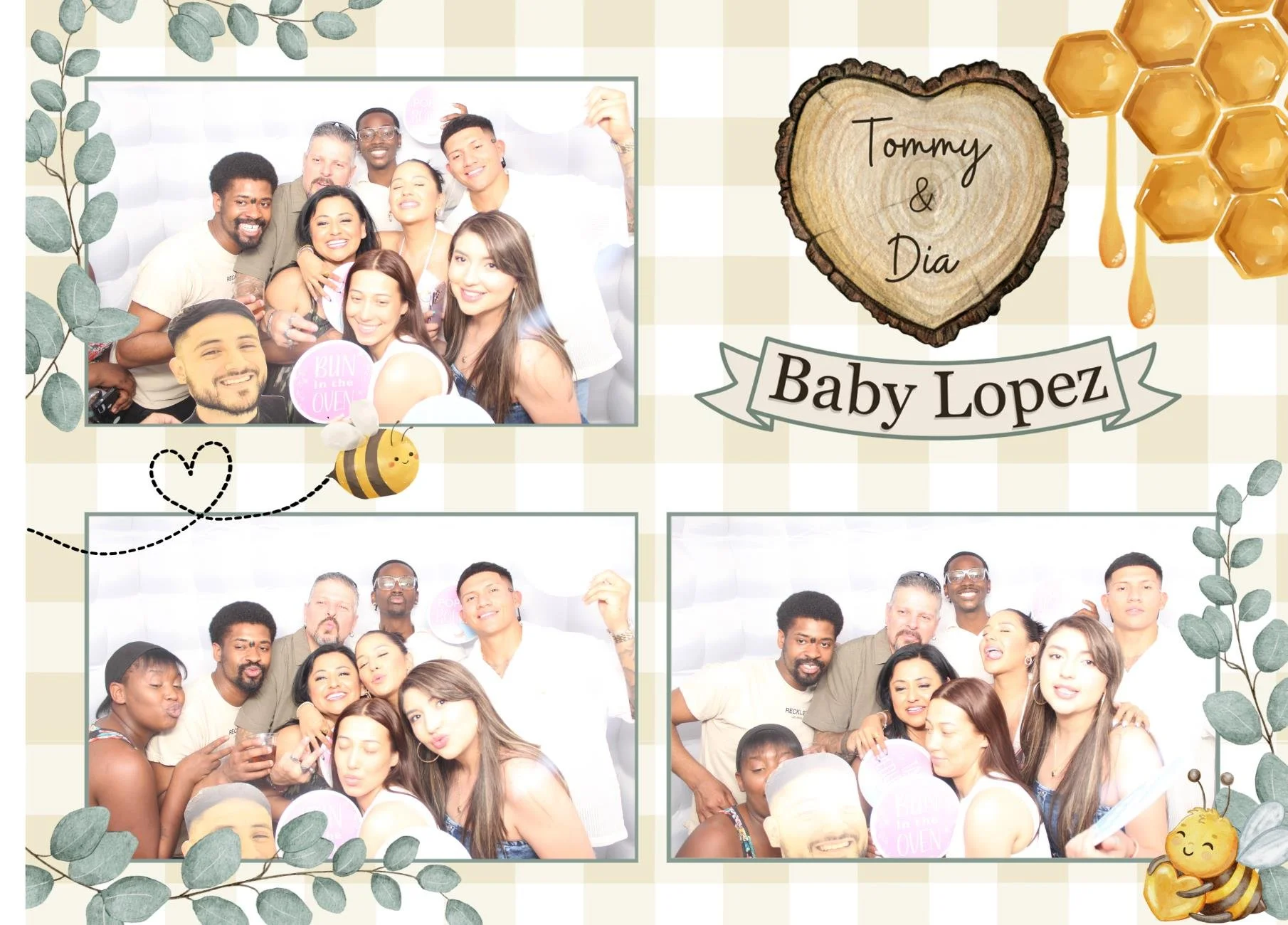 Photo of a diverse group of people at a baby shower, holding balloons and smiling, with a nature and honey theme, including a heart-shaped wooden plaque with the names Tommy and Dia and honeycomb decorations.