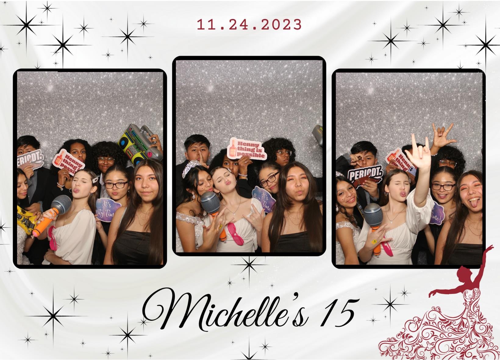 Photo booth strip featuring a group of young people celebrating Michelle's 15th birthday, with sparkly background and party props like signs and a microphone, dated November 24, 2023.