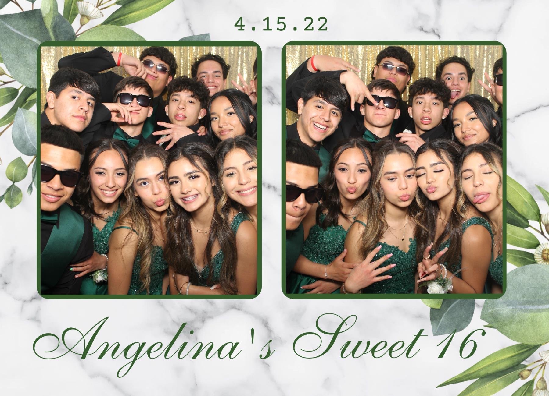 Photo booth strip featuring a group of young people dressed in green, inside a photo booth with gold glitter background. The strip is framed by green leaves and a marble pattern. The event date is 4.15.22, and the text reads 'Angelina's Sweet 16.'