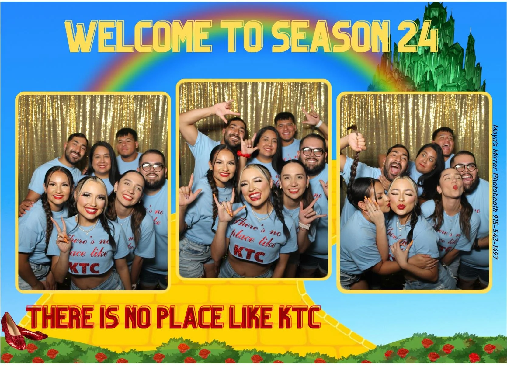 A group of people posing for photos in front of a gold sequin backdrop. They are wearing matching light blue T-shirts with red text that says 'There's no place like KTC'. Some are making peace signs and others are hugging. The photos are framed within a colorful graphic with a rainbow and a green castle, with text that says 'Welcome to Season 24' and 'There is no place like KTC' at the bottom.