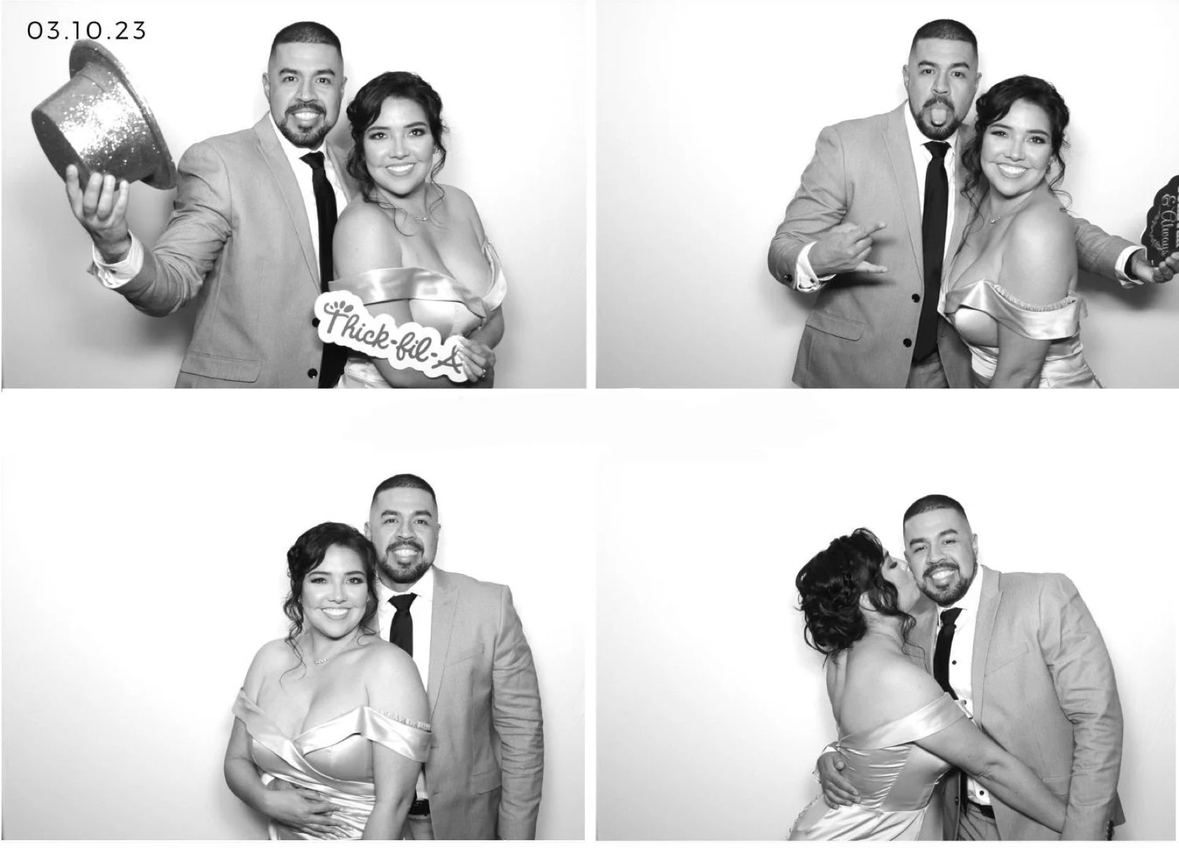 A four-photo collage in black and white features a man and woman at a celebration. In the first photo, the man holds a glittery hat and the woman holds a sign that reads 'Thick-fil-A.' In the second photo, the man makes a finger gesture and the woman smiles. In the third photo, the couple stands close together, smiling at the camera. In the fourth photo, the woman leans in to kiss the man, who smiles and holds her around the waist. The date '03.10.23' is visible in the top left corner of the collage.
