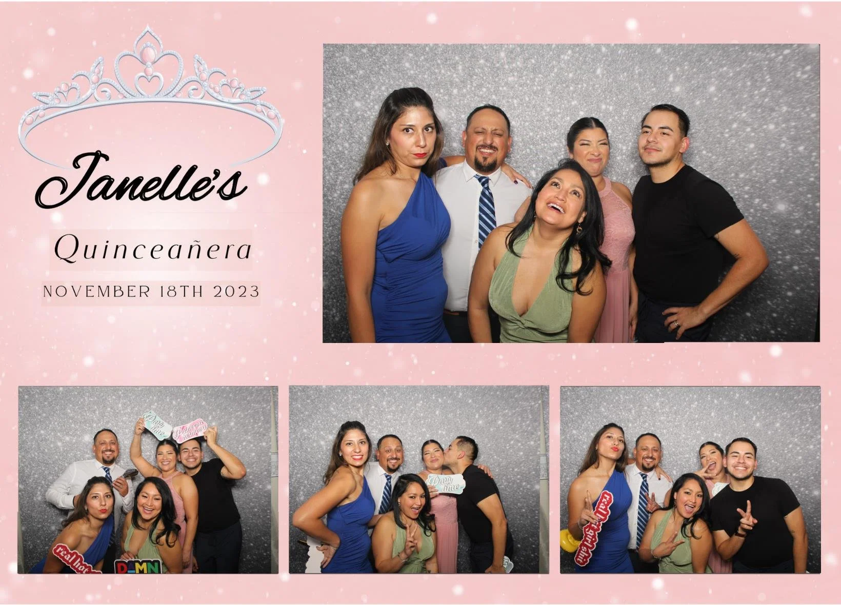 A photo booth collage for Janelle's 15th birthday celebration on November 18, 2023. The collage includes a main group photo of five people in front of glittery backgrounds, with smaller photos below showing different poses and props.