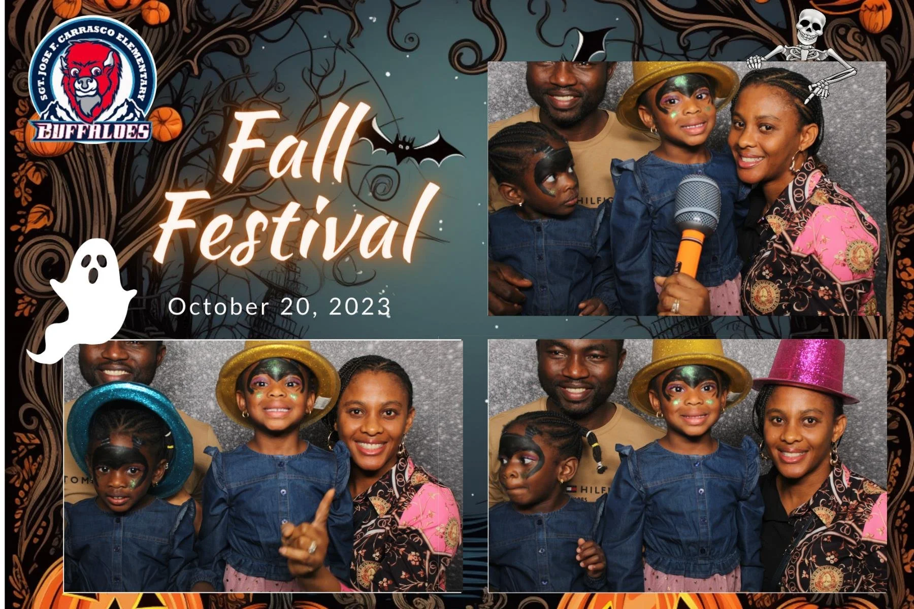 A collage of children and adults in Halloween costumes with face paint, hats, and accessories, posing for photos at a fall festival event on October 20, 2023. The background has a Halloween theme with pumpkins, bats, and a ghost, and a logo for a school named Buffaloes on the top left corner.