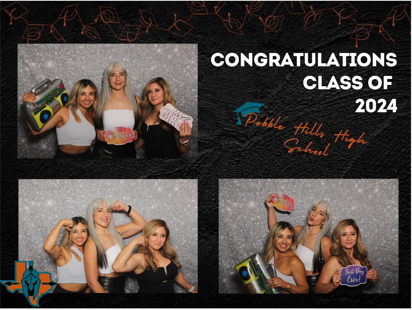 Group of women celebrating graduation at Pebble Hills High School with photo booth images, holding signs, and props in front of a glittery silver background.