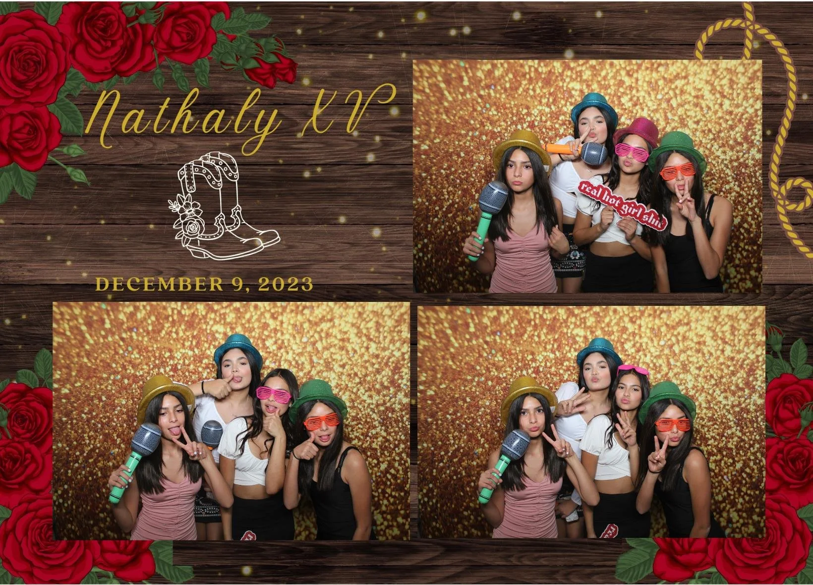 A photo booth collage with three pictures of five young women with light to medium skin tones enjoying a fun party, holding props like hats, glasses, and microphones, in front of a gold glittery backdrop. The top left corner features text saying 'Nathaly N' with a rose and cowboy boot graphic, and the date 'December 9, 2023' below. The border is decorated with red roses and green leaves.