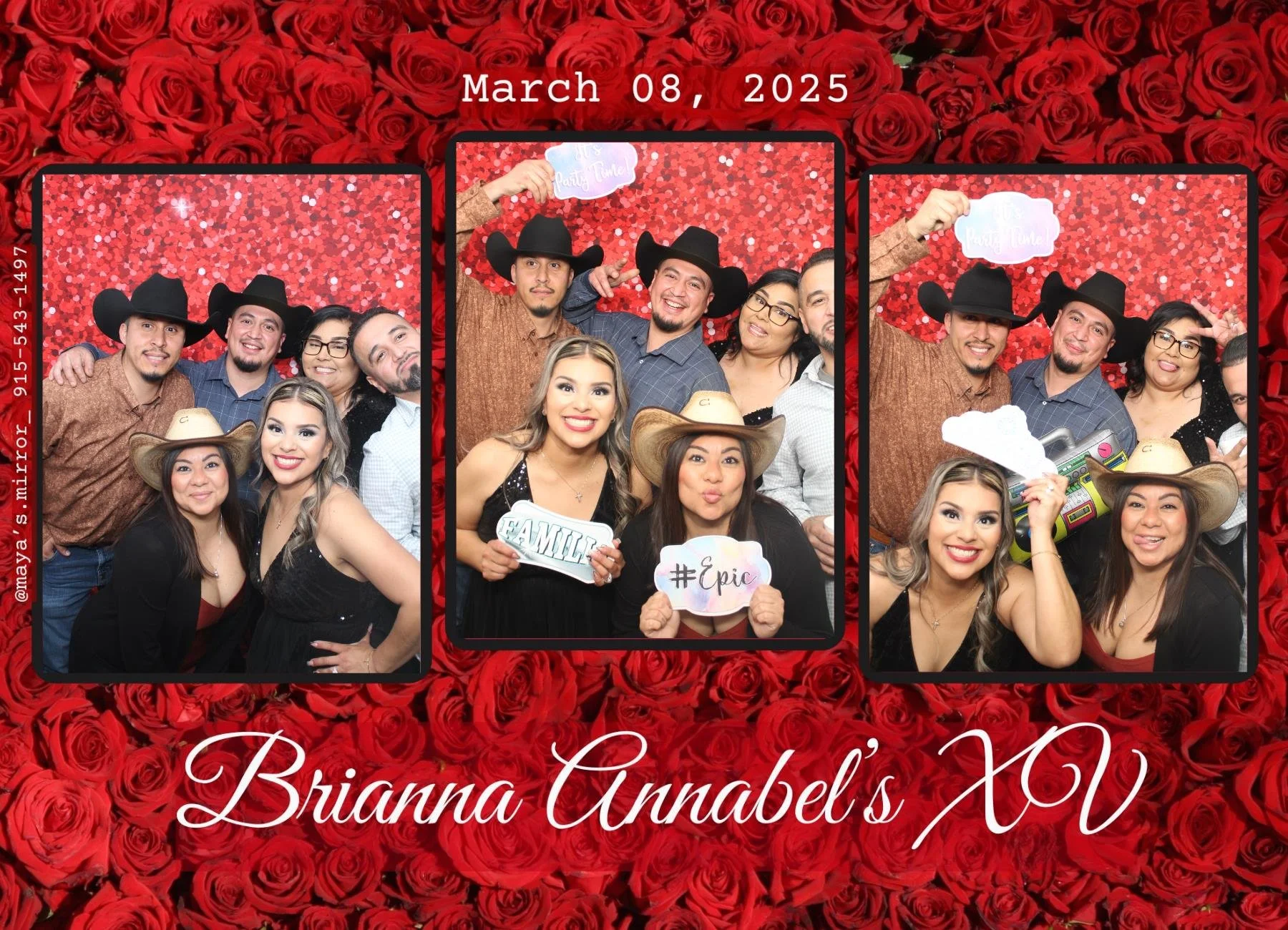 A collage of three photo booth pictures of a group of people wearing cowboy hats, with a red rose background, celebrating Brianna Annabel's XV birthday on March 8, 2025. The group includes men and women, some holding signs with words like 'FAMILY' and '#Epic'.