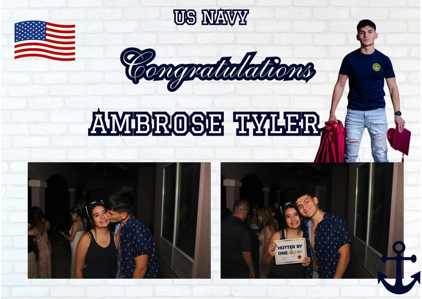 Celebratory poster with US Navy theme featuring a young man in casual attire holding a red jacket and a graduation cap, with photos of a happy girl and boy at an event, and patriotic elements including an American flag and an anchor icon.