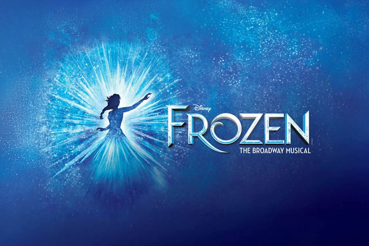 Frozen musical poster featuring a silhouette of a girl with braided hair in front of an icy blue background, with the text "Disney FROZEN THE BROADWAY MUSICAL".