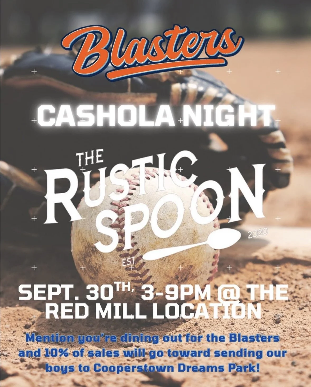 Flyer for Blasters Cashola Night at the Rustic Room on September 30th from 3 to 9 PM at the Red Mill location, featuring a baseball on dirt and a glove, with details about fundraising for Coopersown Dreams Park.