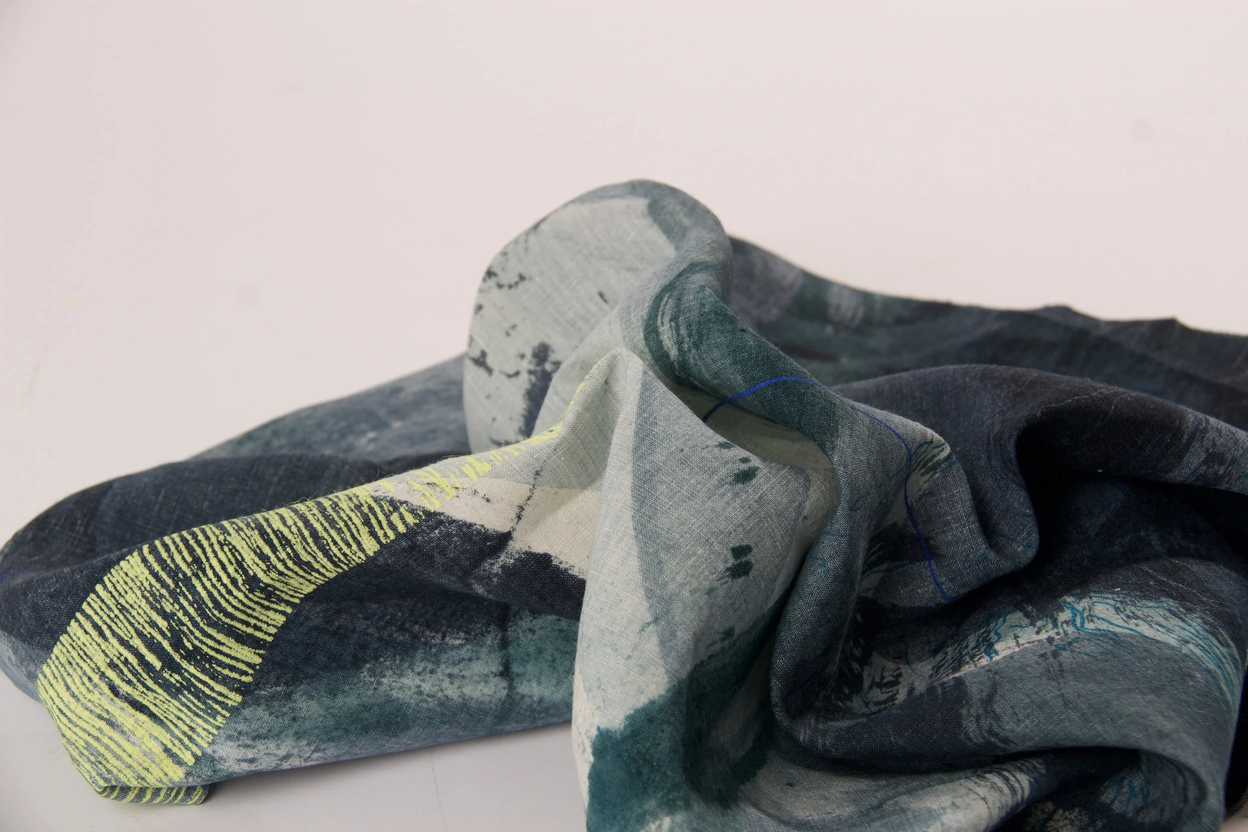 Freehand and Screen-printed Reactive and Pigment dye on 'Red-Edge Linen'