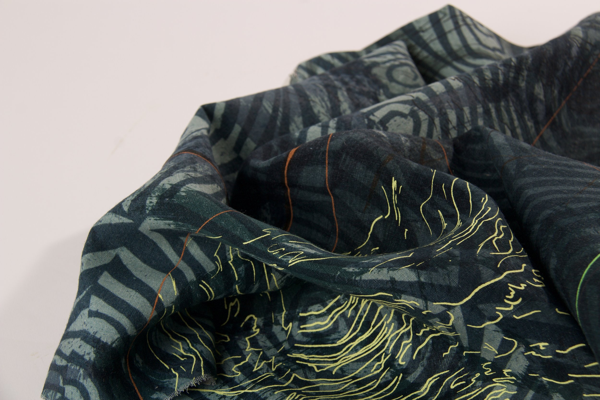 Freehand and Screen-printed Reactive and Pigment dye on 'Red-Edge Linen'