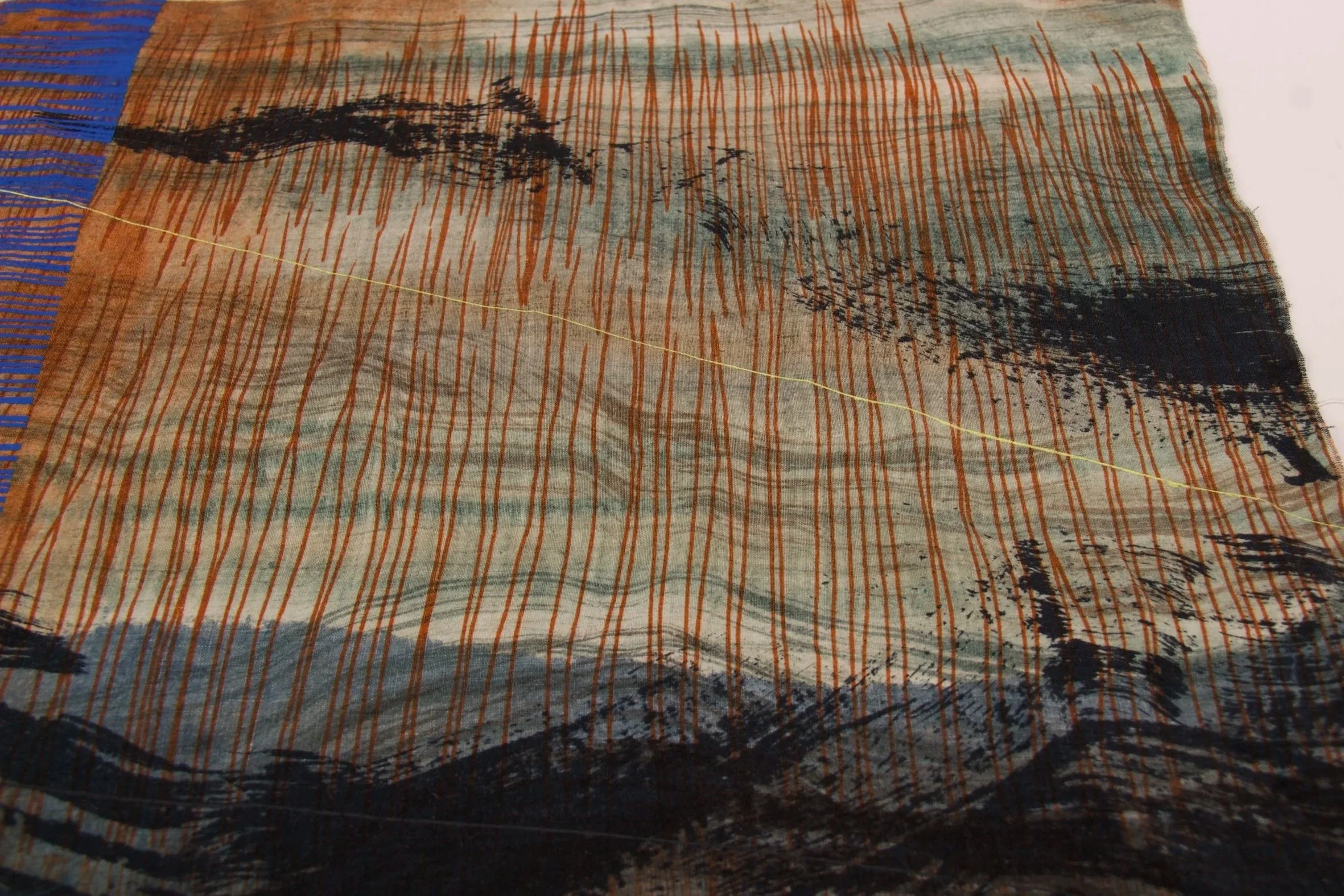 Freehand and Screen-printed Reactive and Pigment dye on 'Red-Edge Linen'