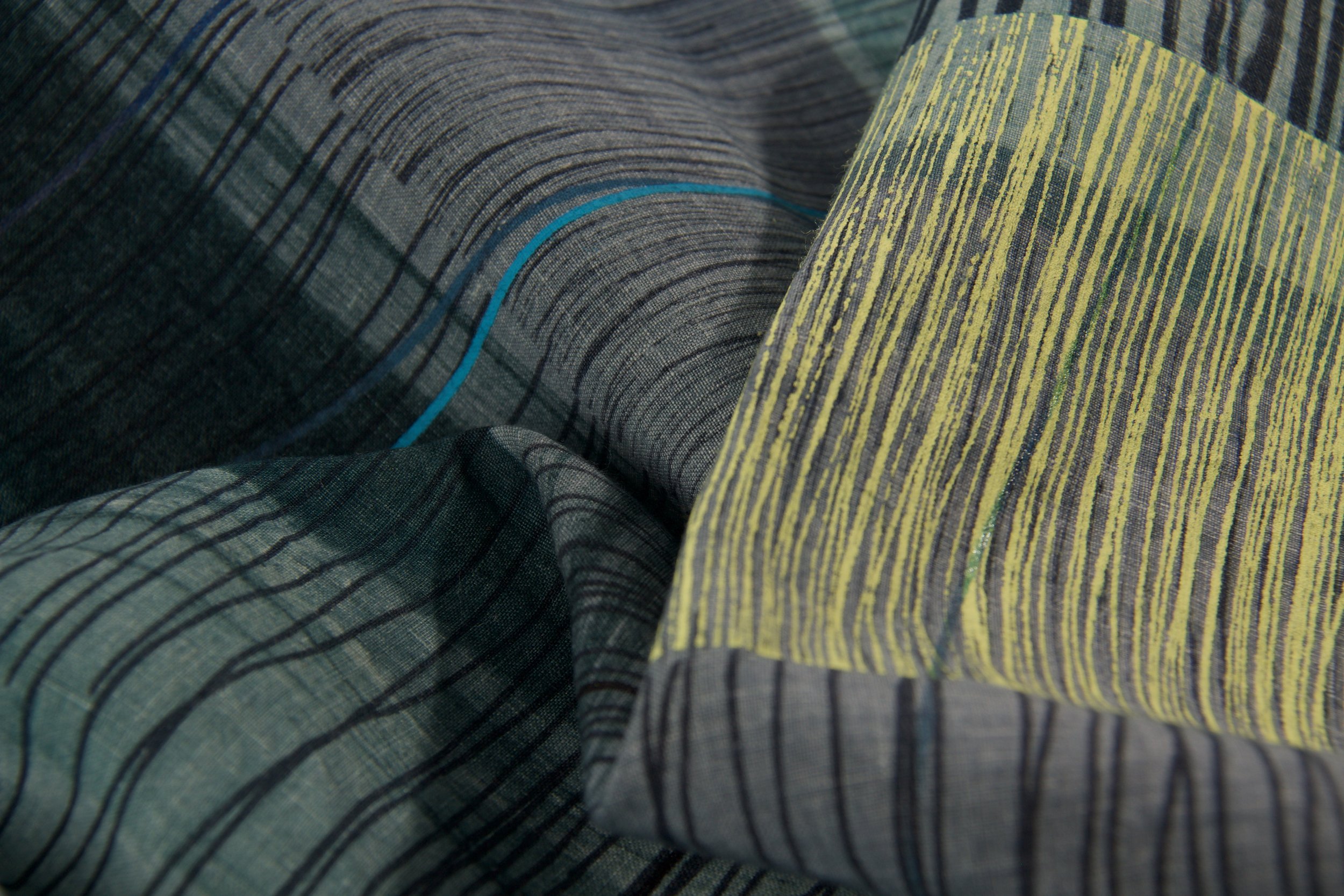 Freehand and Screen-printed Reactive and Pigment dye on 'Red-Edge Linen'