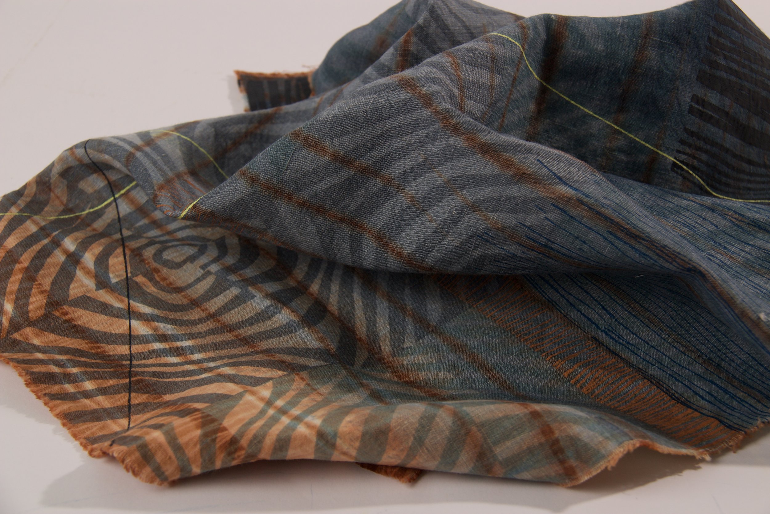 Shibori, Freehand and Screen-printed Reactive and Pigment dye on 'Red-Edge Linen'