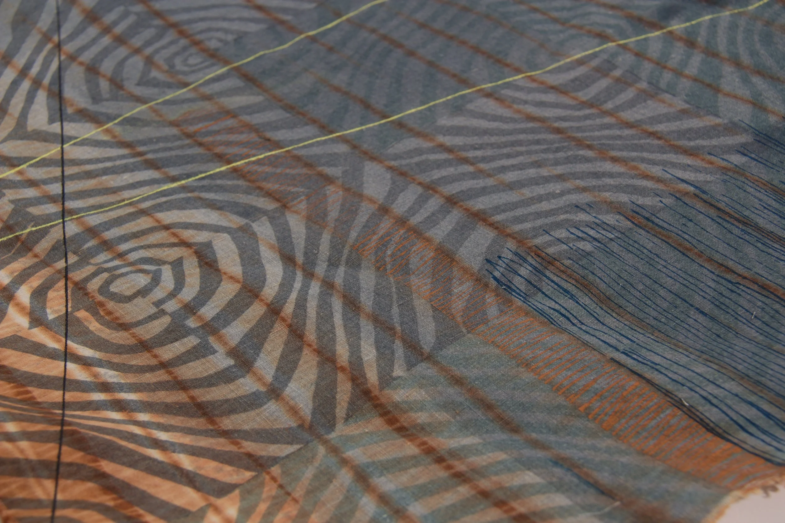 Shibori, Screen-printed Reactive and Pigment dye on 'Red-Edge Linen'