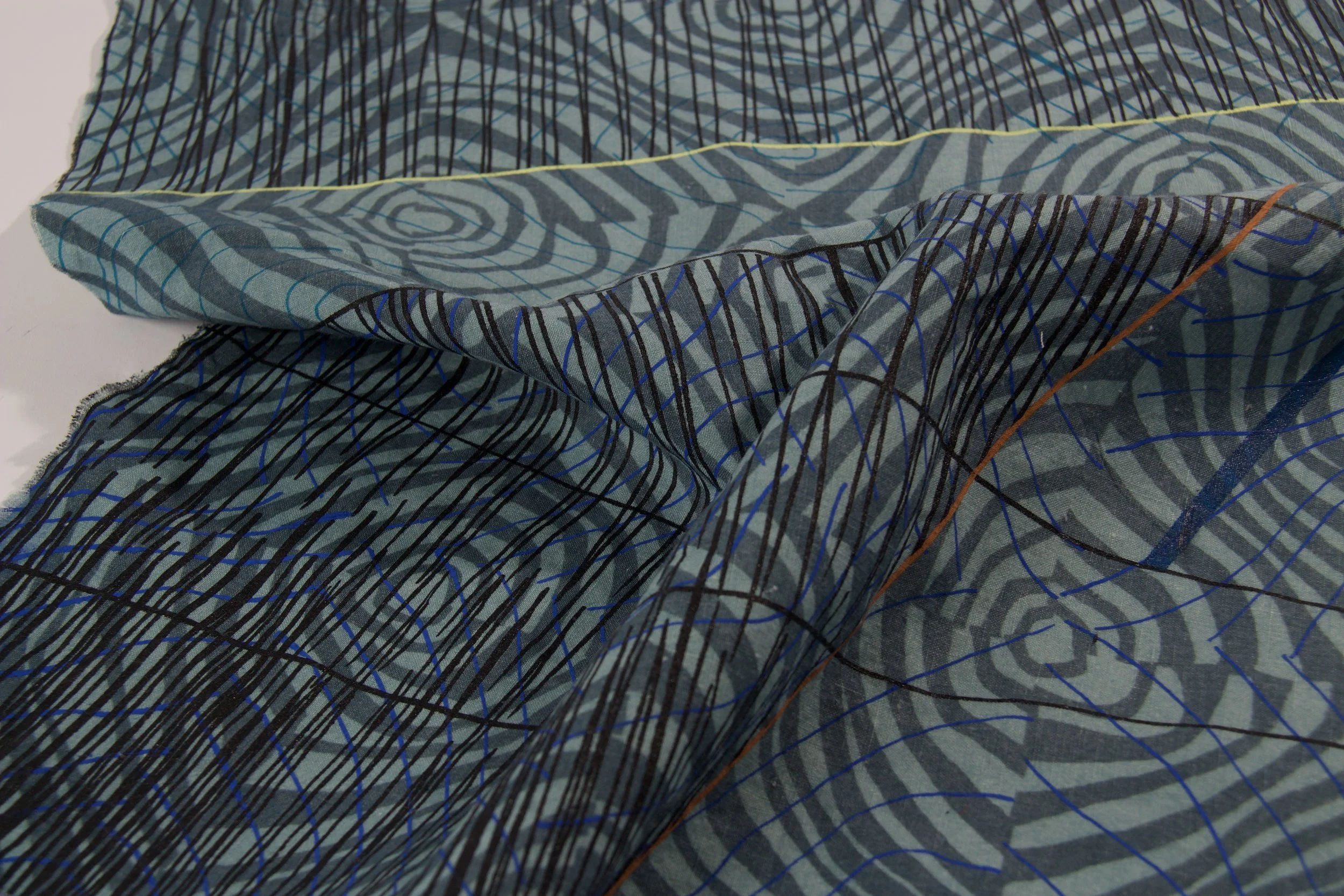 Screen-printed Reactive and Pigment dye on 'Red-Edge Linen'