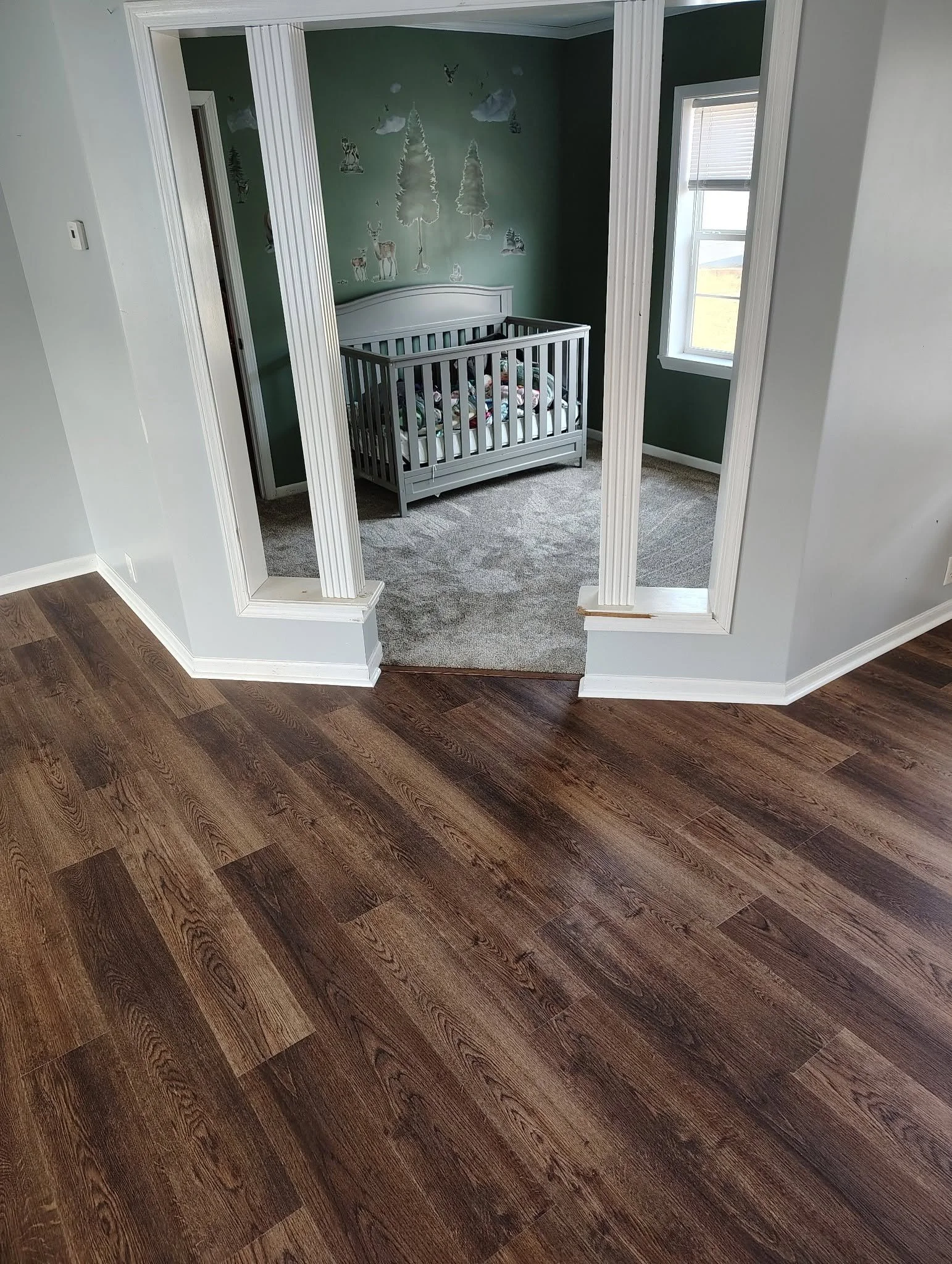 View from a room showing wood floor flooring and a small nursery area with dark green walls, a white crib, and window with white blinds.