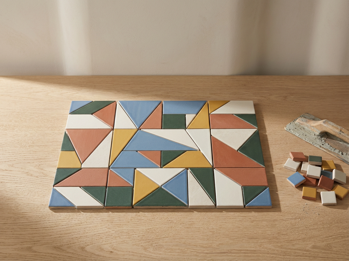Colorful geometric tile pattern on a wooden surface with a trowel and scattered tiles nearby.