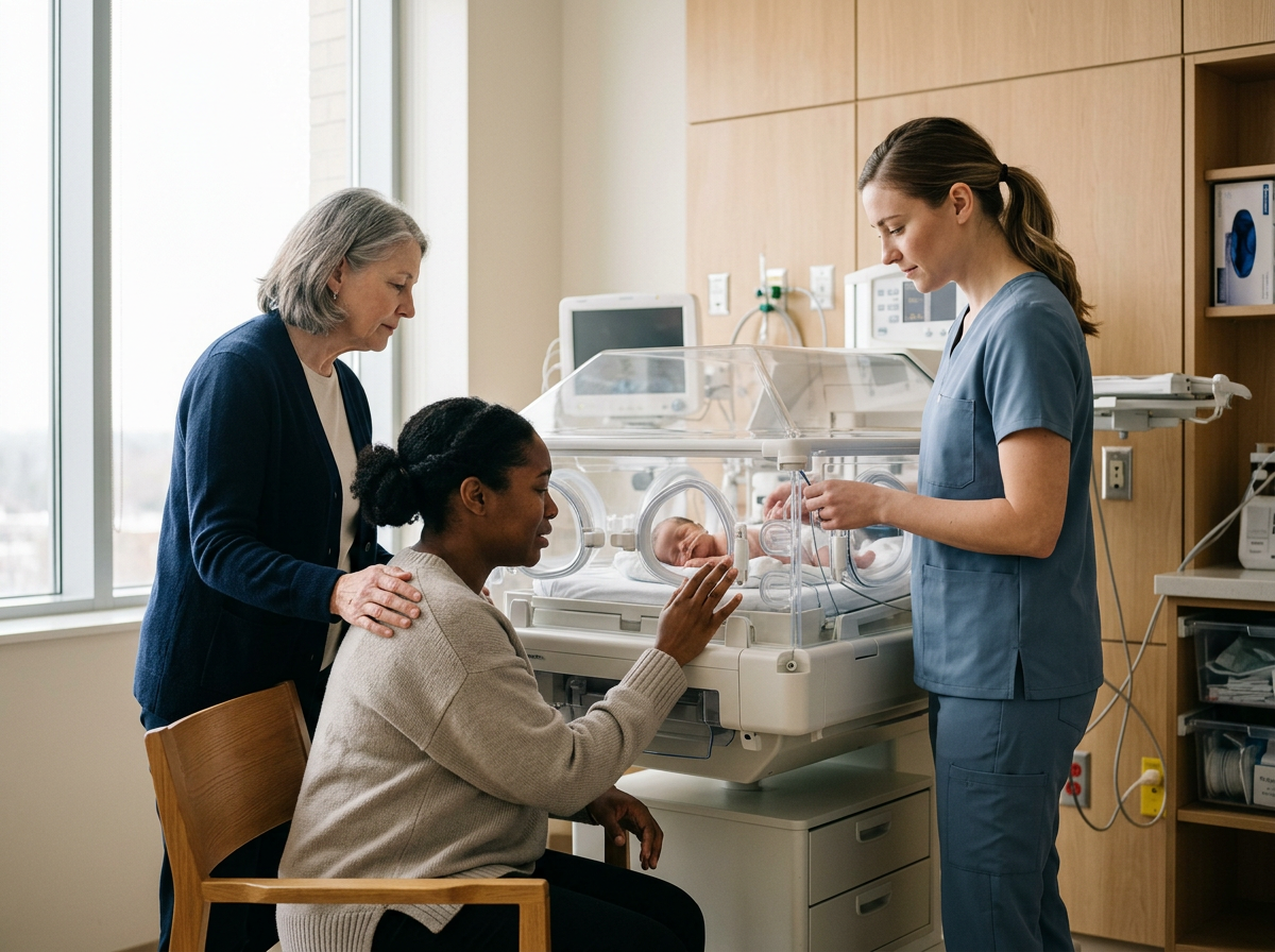 A nurse tending to a newborn baby in an incubator while a woman and an elderly woman look on in a hospital room.