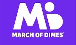 Purple logo for the March of Dimes featuring a stylized 'M' and 'D' with the text 'MARCH OF DIMES' below