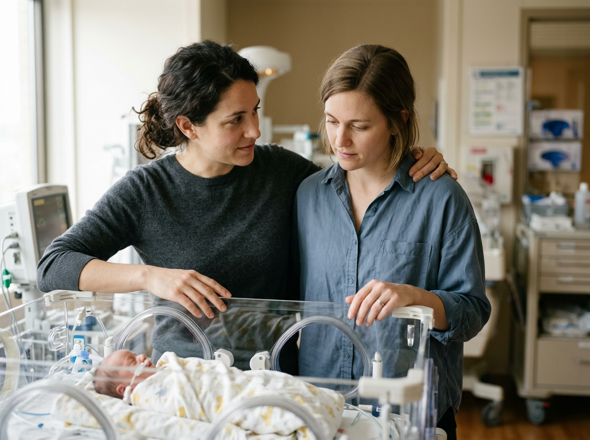 Two women look at a newborn baby in a hospital incubator, one woman has her hand on the other's shoulder, both showing concern.