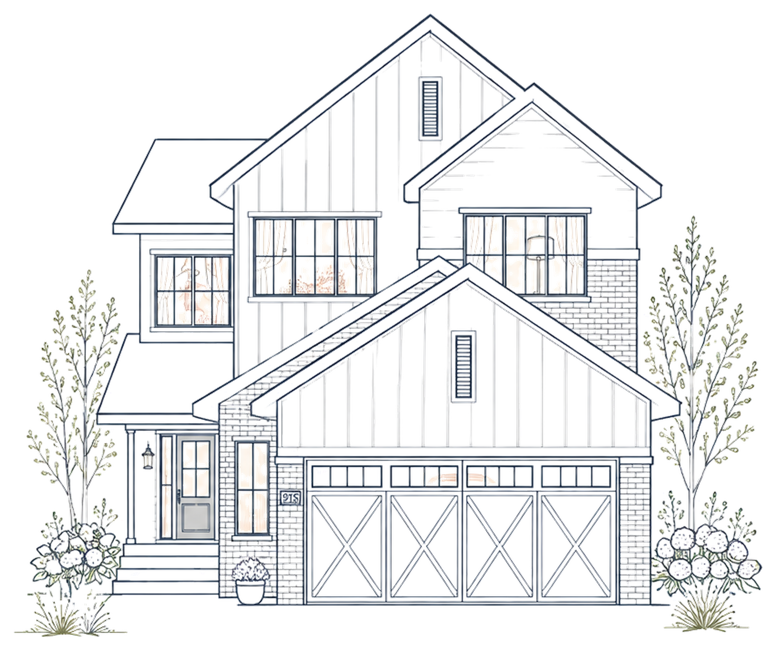 Line drawing of a house with peaked roofs, windows, a door, and surrounding trees and bushes.