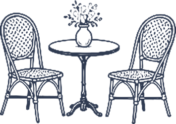 A drawing of two chairs with a round table in between, holding a potted plant.