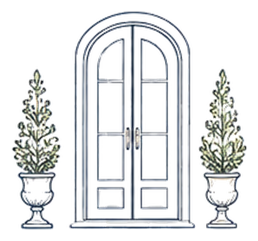 A pair of tall, white French doors with glass panes, flanked by two ornate planters with decorative trees.