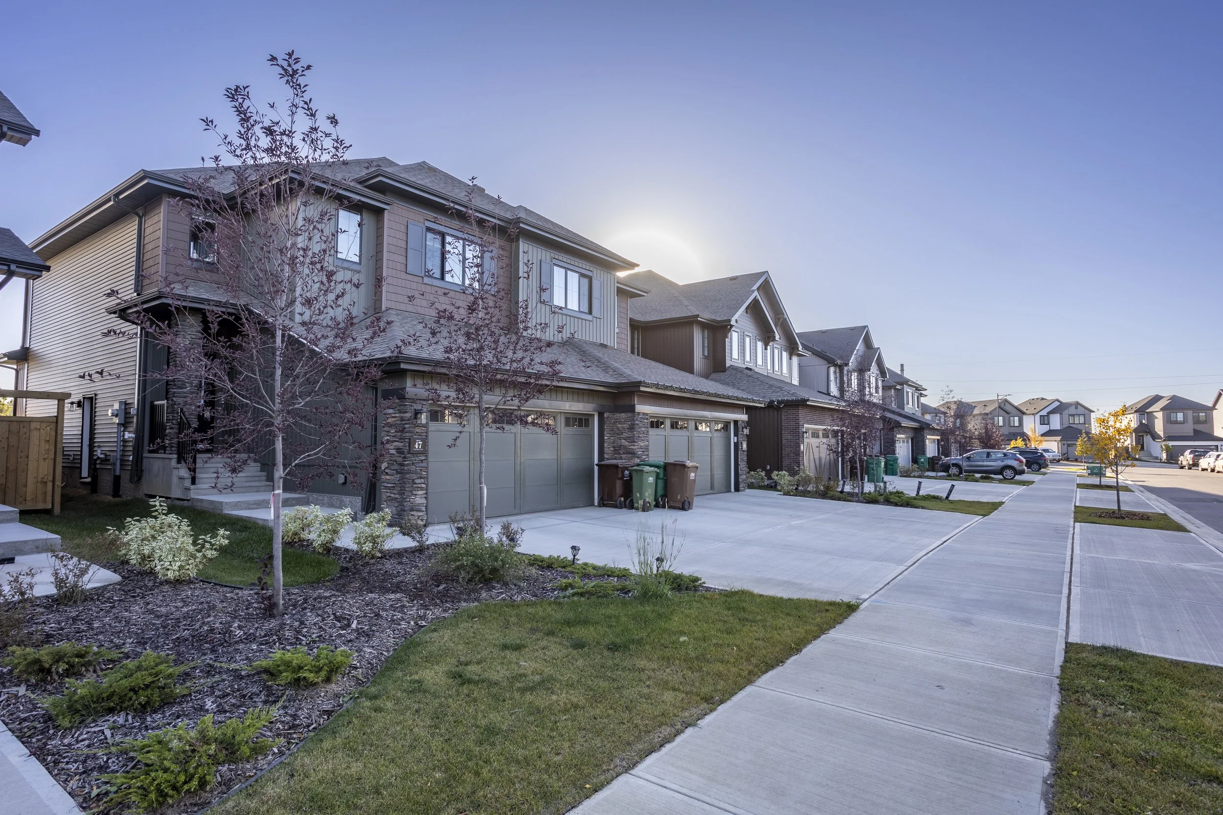 A row of modern townhouses with attached garages, manicured lawns, a sidewalk, and trees in a suburban neighborhood during late afternoon or early evening.