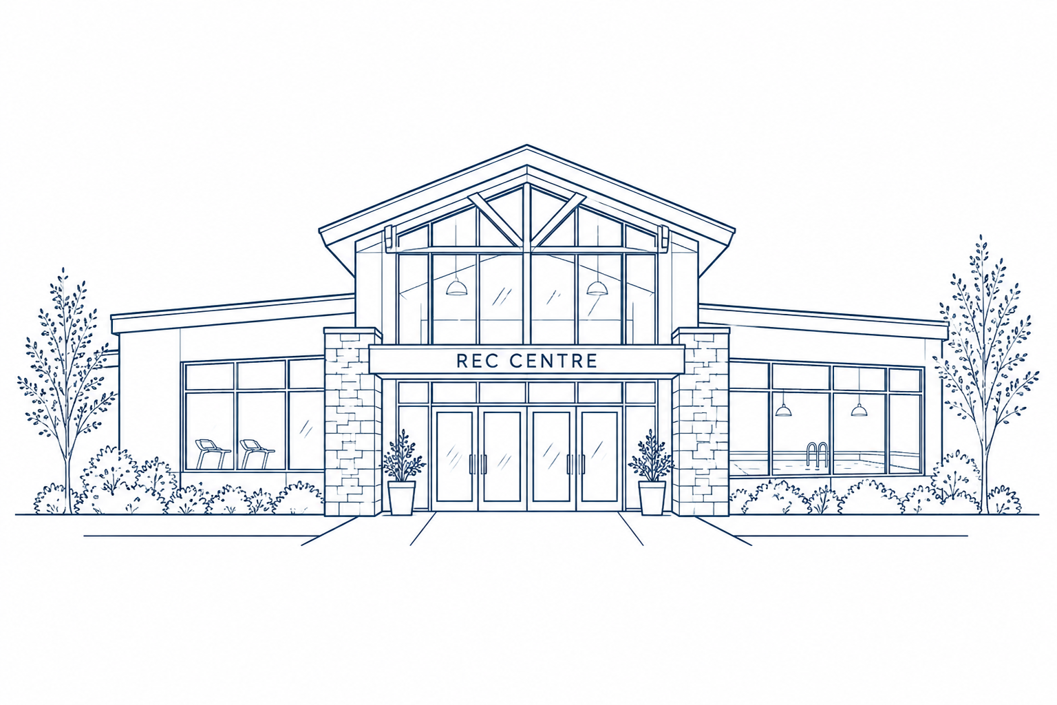 Outline drawing of an indoor recreation center with large windows, stone accents around the entrance, and potted plants flanking the doors, labeled 'REC CENTRE'.