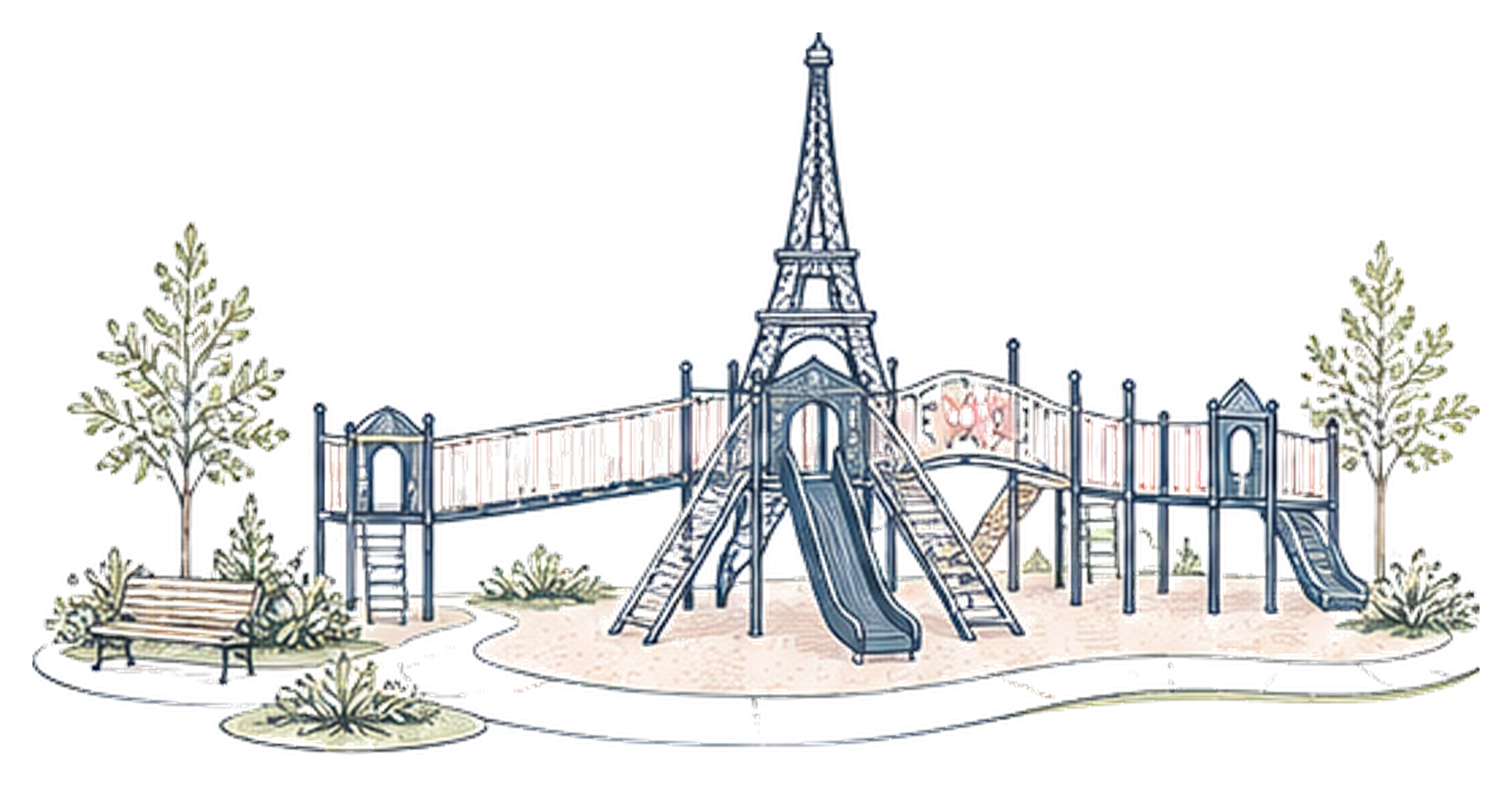 A colorful illustration of a playground designed to look like the Eiffel Tower, with slides and climbing structures amidst trees and benches.