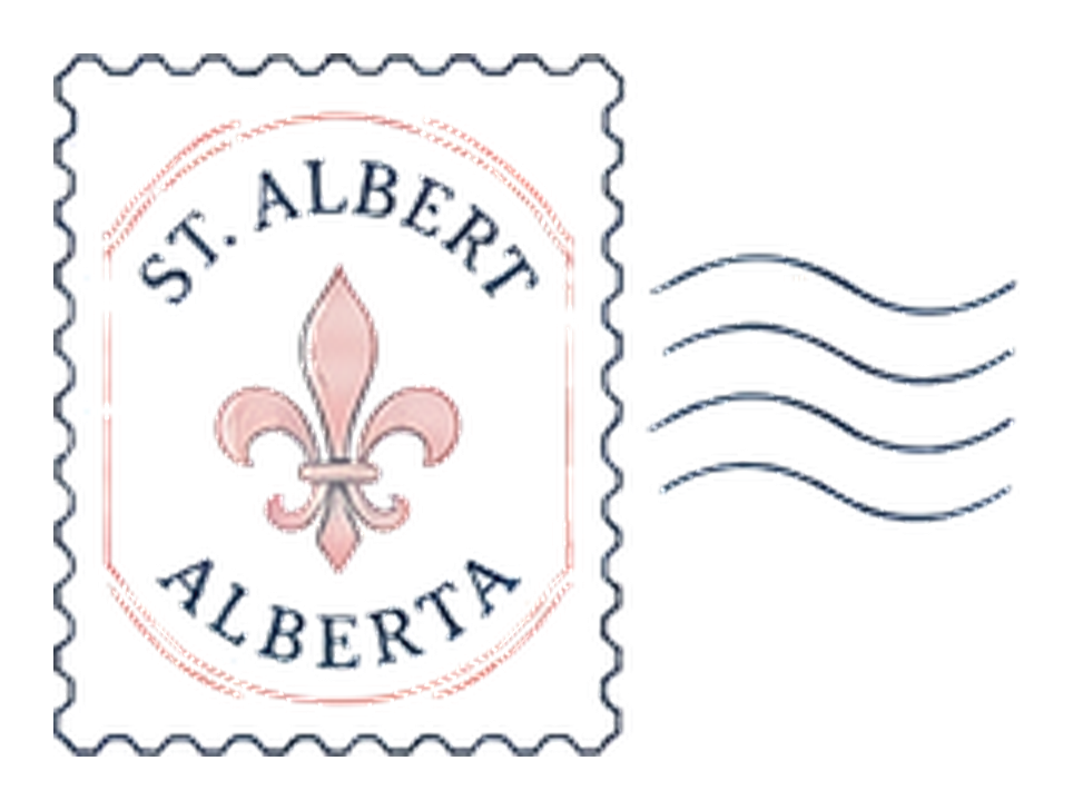 A postage stamp featuring a pink fleur-de-lis in the center, with the words 'St. Albert' above and 'Alberta' below, and a postmark with wavy lines on the right side.