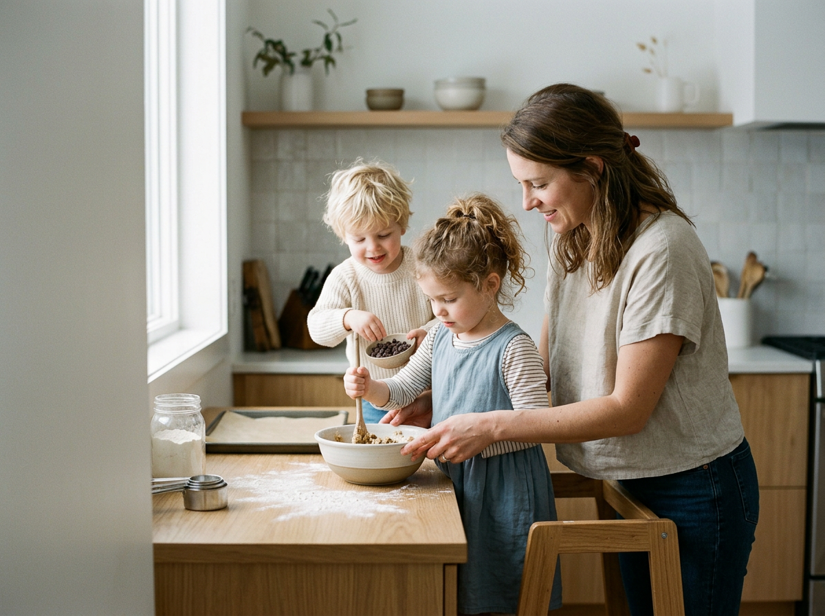 A woman and two children baking together in a kitchen, with the children mixing ingredients in bowls and the woman helping and supervising.