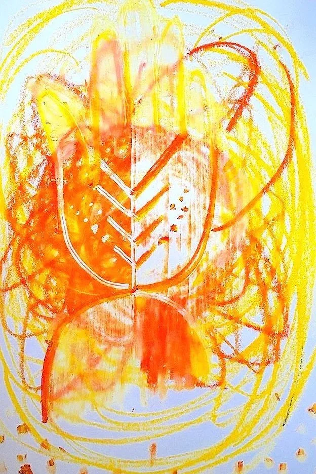 Colourful hand drawn image produced in therapeutic context.