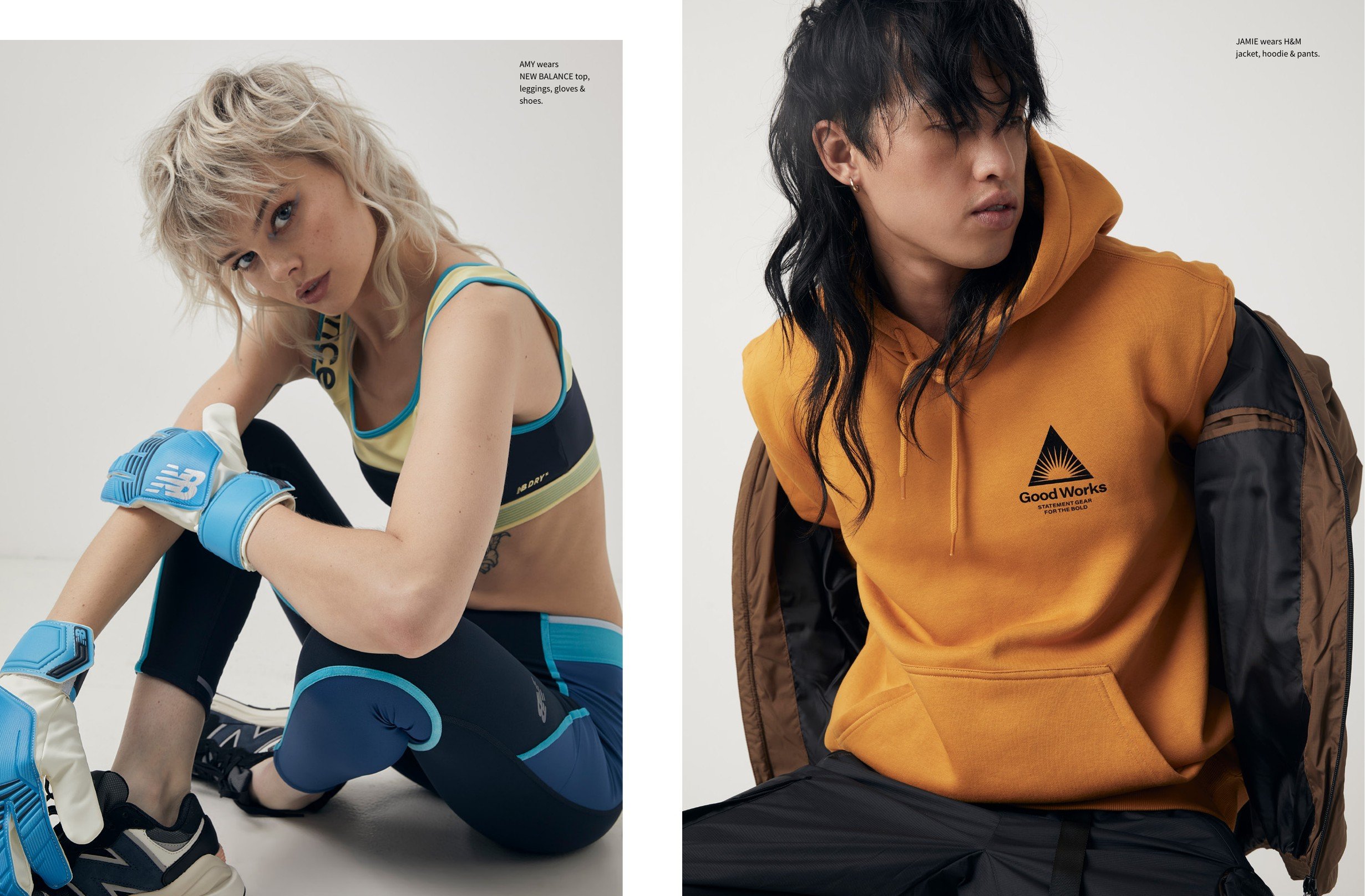 Side-by-side photos of two young models. The female model on the left has blonde hair, blue eyes, and is wearing athletic gear including blue and white gloves, a sports bra, and leggings. The male model on the right has black hair, and is wearing an orange hoodie with black pants and a brown jacket. Both are posed against a plain white background.