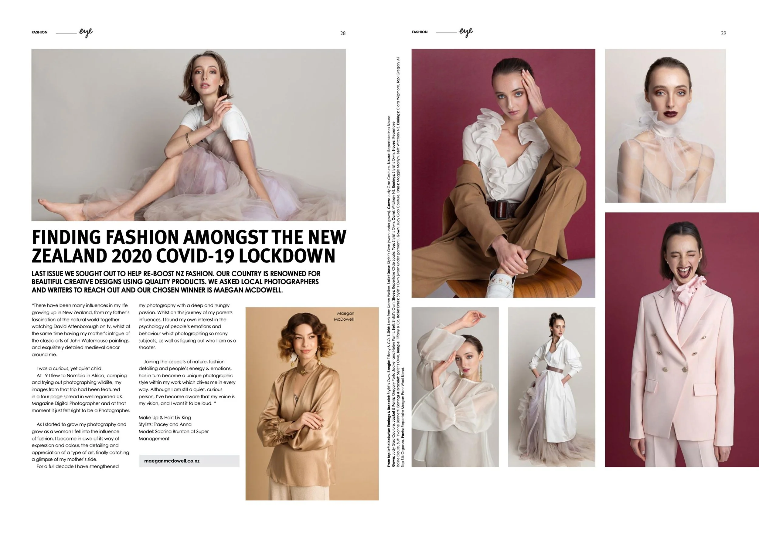 A magazine spread with fashion model photos and an article titled 'Finding Fashion Amongst the New Zealand 2020 COVID-19 Lockdown'.