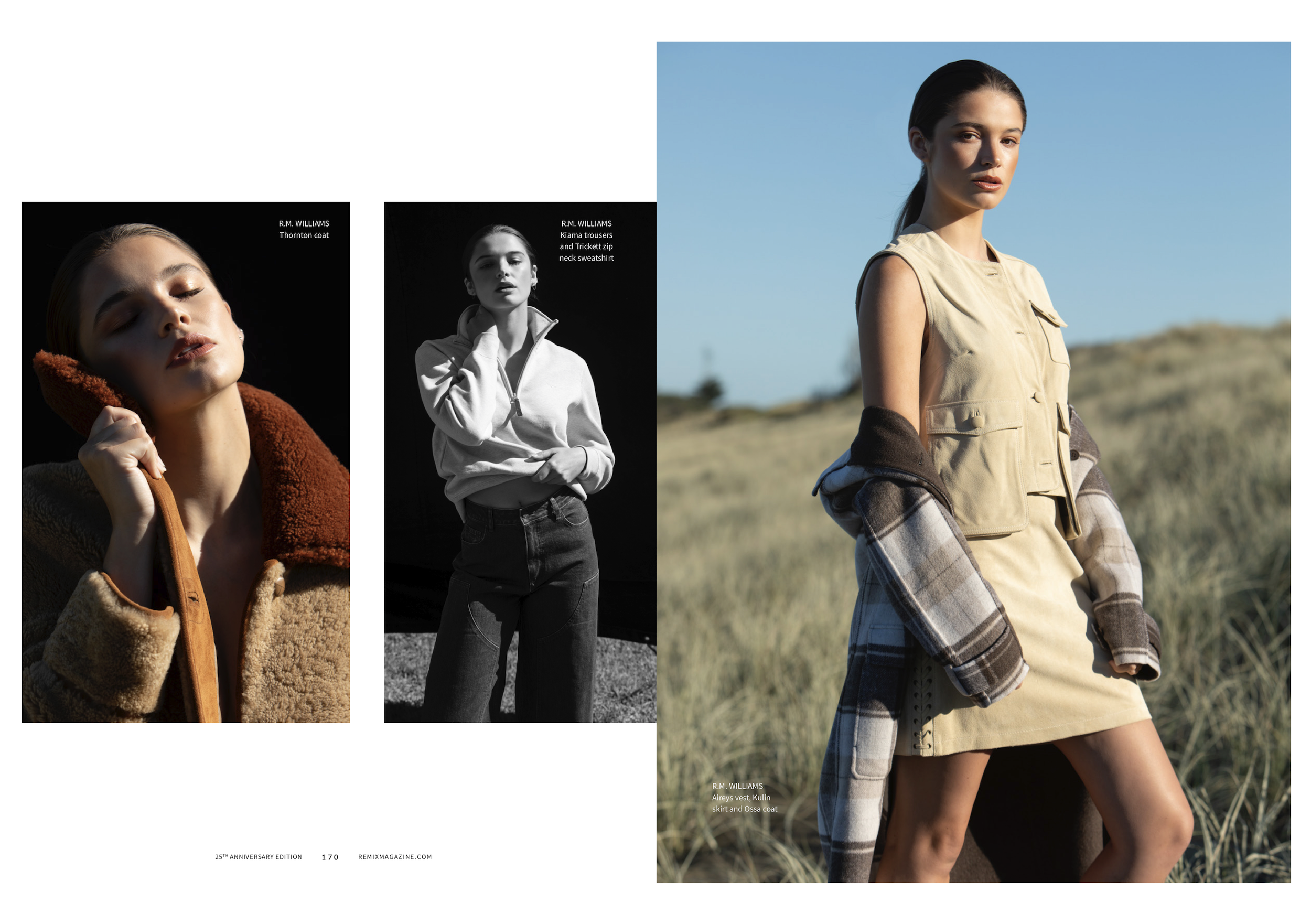 Fashion magazine spread featuring a young woman outdoors wearing a beige sleeveless dress with front pockets, a plaid overshirt, and a yellow shirt underneath, with a blurred grassy landscape background.