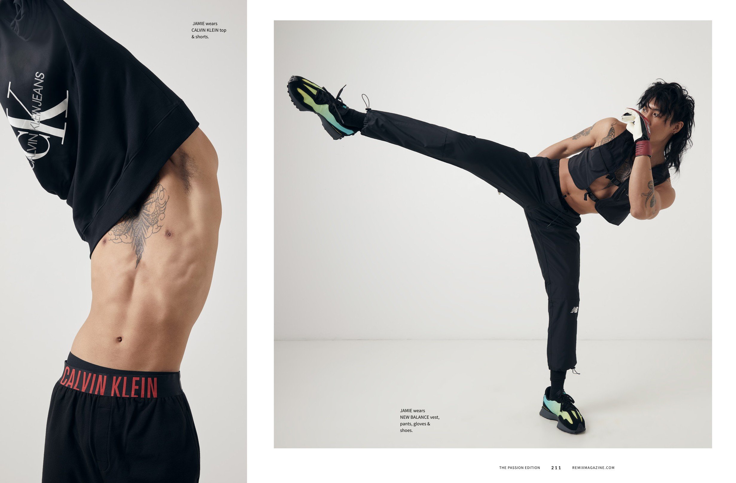 Fashion magazine spread showing a model in black athletic wear performing a high kick, with focus on the model's face, tattoos, and clothing, featuring Calvin Klein and New Balance brands.