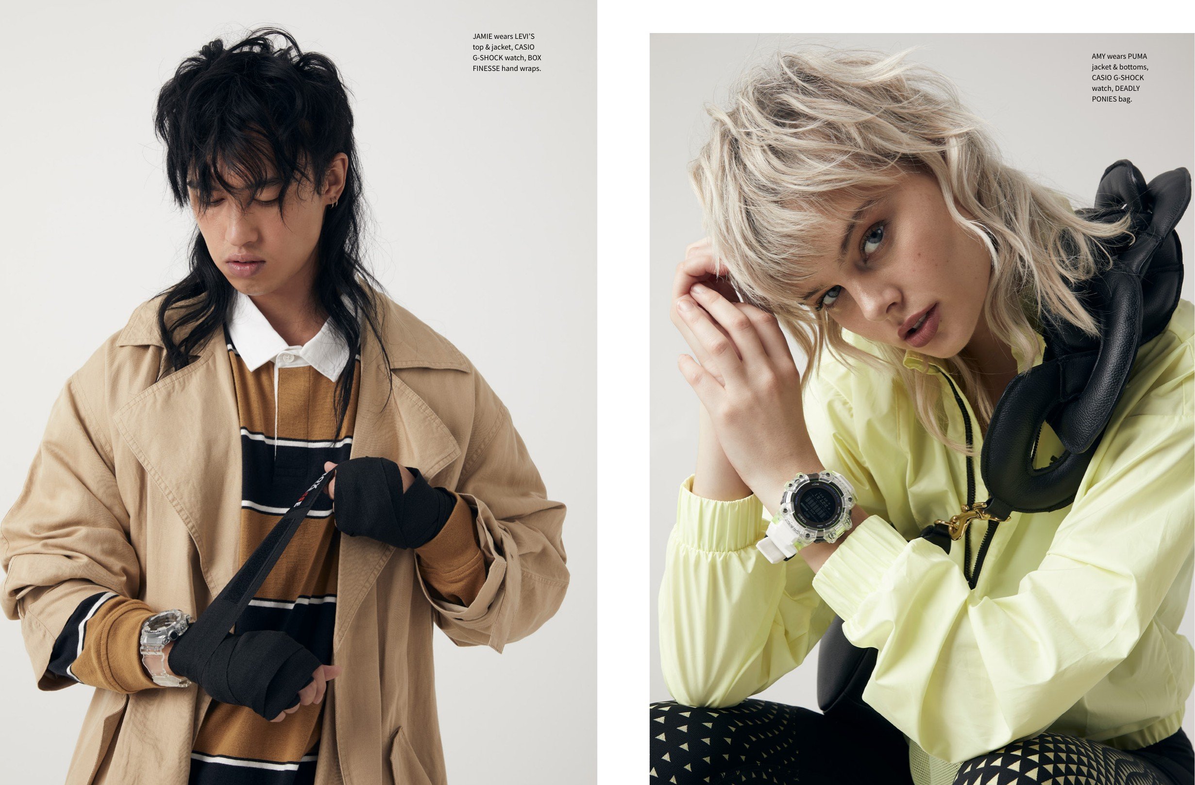 Two women in sporty fashion poses, side by side, with white background. The left woman has dark, curly hair and wears a tan trench coat, striped shirt, and holds a black bag. The right woman has short, blonde, wavy hair, and is dressed in a yellow jacket with patterned leggings, wearing a large watch and holding black headphones.