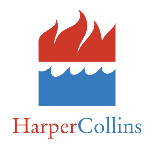 A logo with red flames above a blue water wave, and the text "HarperCollins" below it.