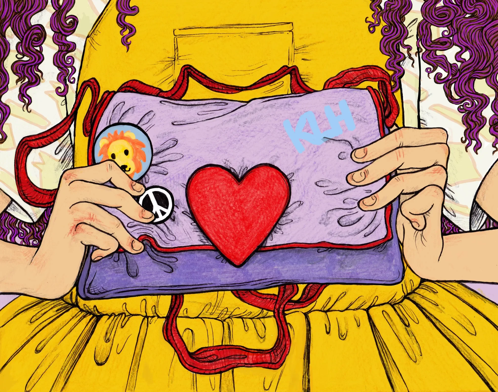 A colorful illustration of a person holding a purple zipper pouch with a heart, peace sign, and lion patches on it. The person is wearing a yellow outfit with purple curly hair visible on the sides.