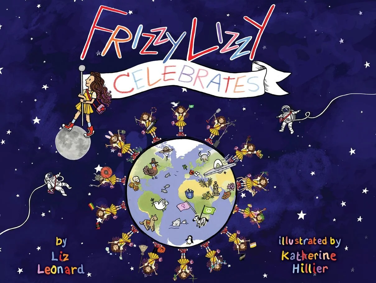 Children in yellow dresses holding flags are surrounding a globe, with some floating in space in astronaut suits. A girl in a yellow dress stands on the moon holding a flag, while another girl in space suit floats nearby.