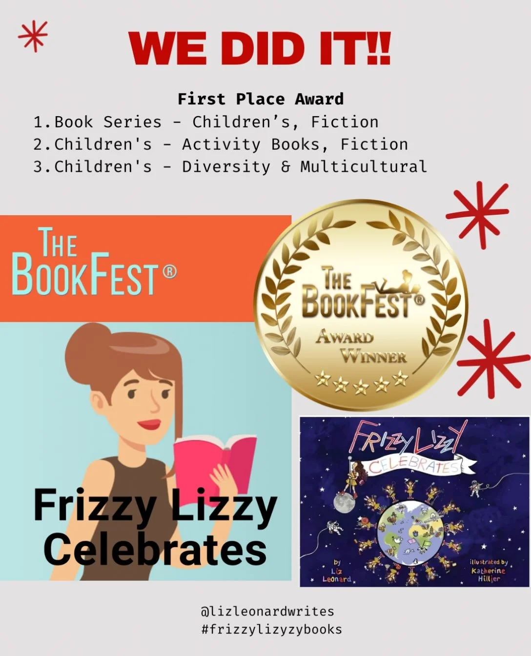We did it!!🤩❤️🏆📚 Super excited to share that we&rsquo;ve won three 1st Place Awards @the_bookfest this year. It&rsquo;s an absolute honor&hellip; A BIG congrats to all the winners! thank you to our incredible team at #frizzylizzybooks 🙏 @katherin