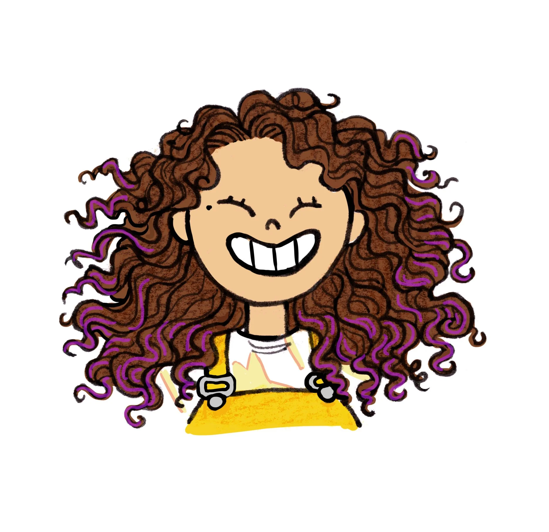 A cartoon girl with curly brown hair with purple highlights, smiling widely with her eyes closed, wearing a yellow skirt, a white top, and black shoes.