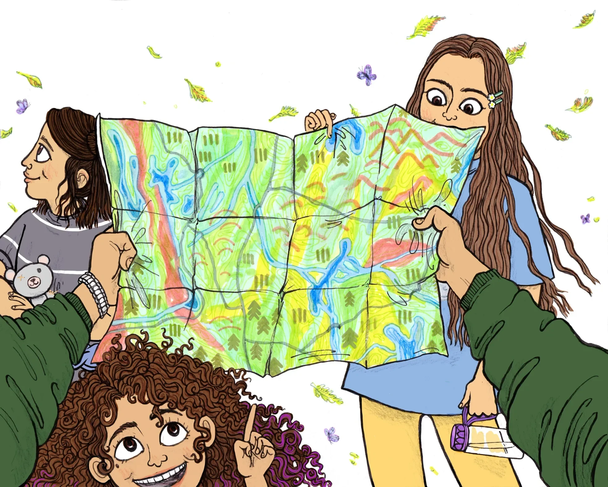 Children looking at a colorful map with leaves and butterflies flying around.