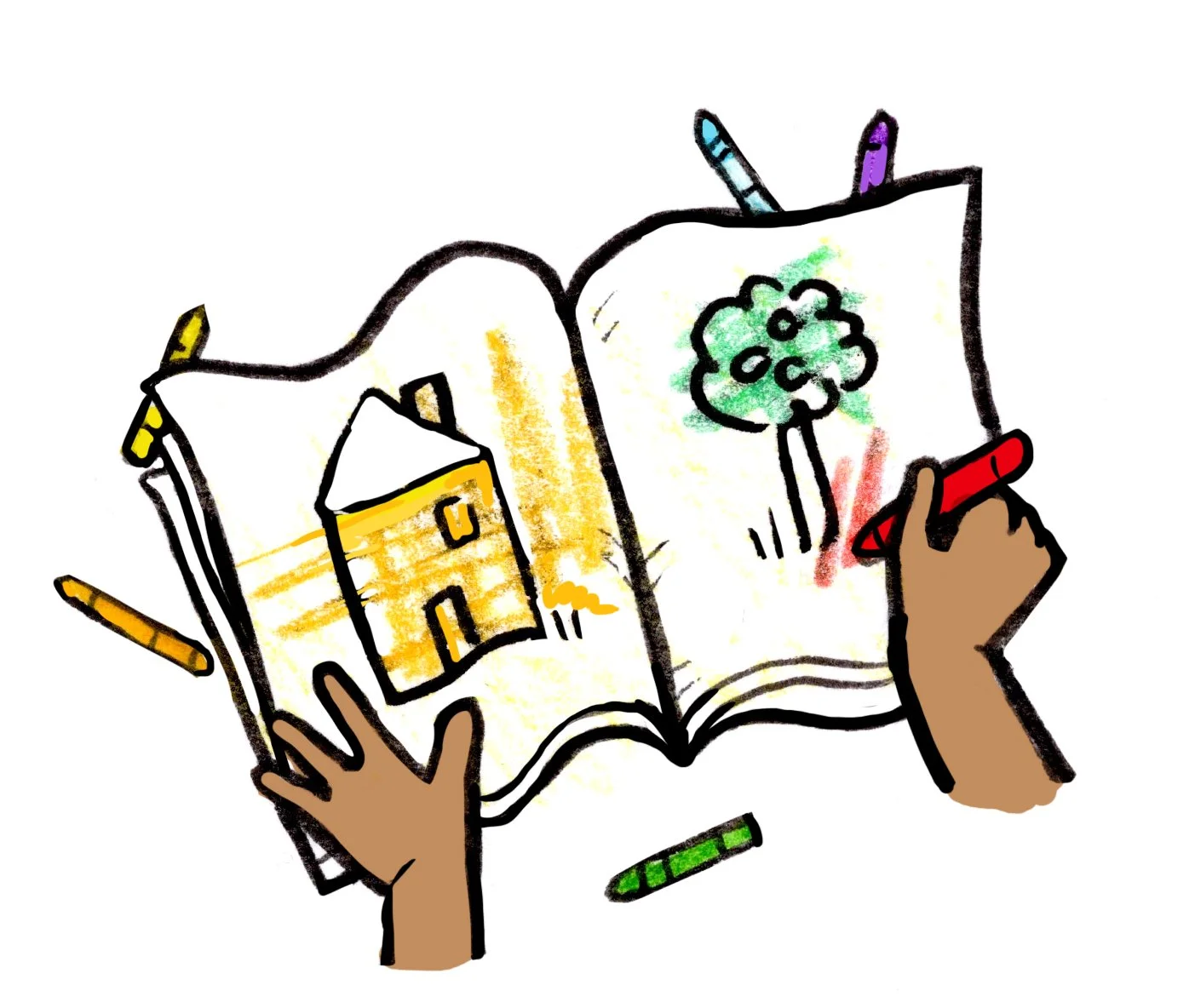 Drawing of a person's hands coloring a picture of a building on the left and a tree on the right, with crayons scattered around.