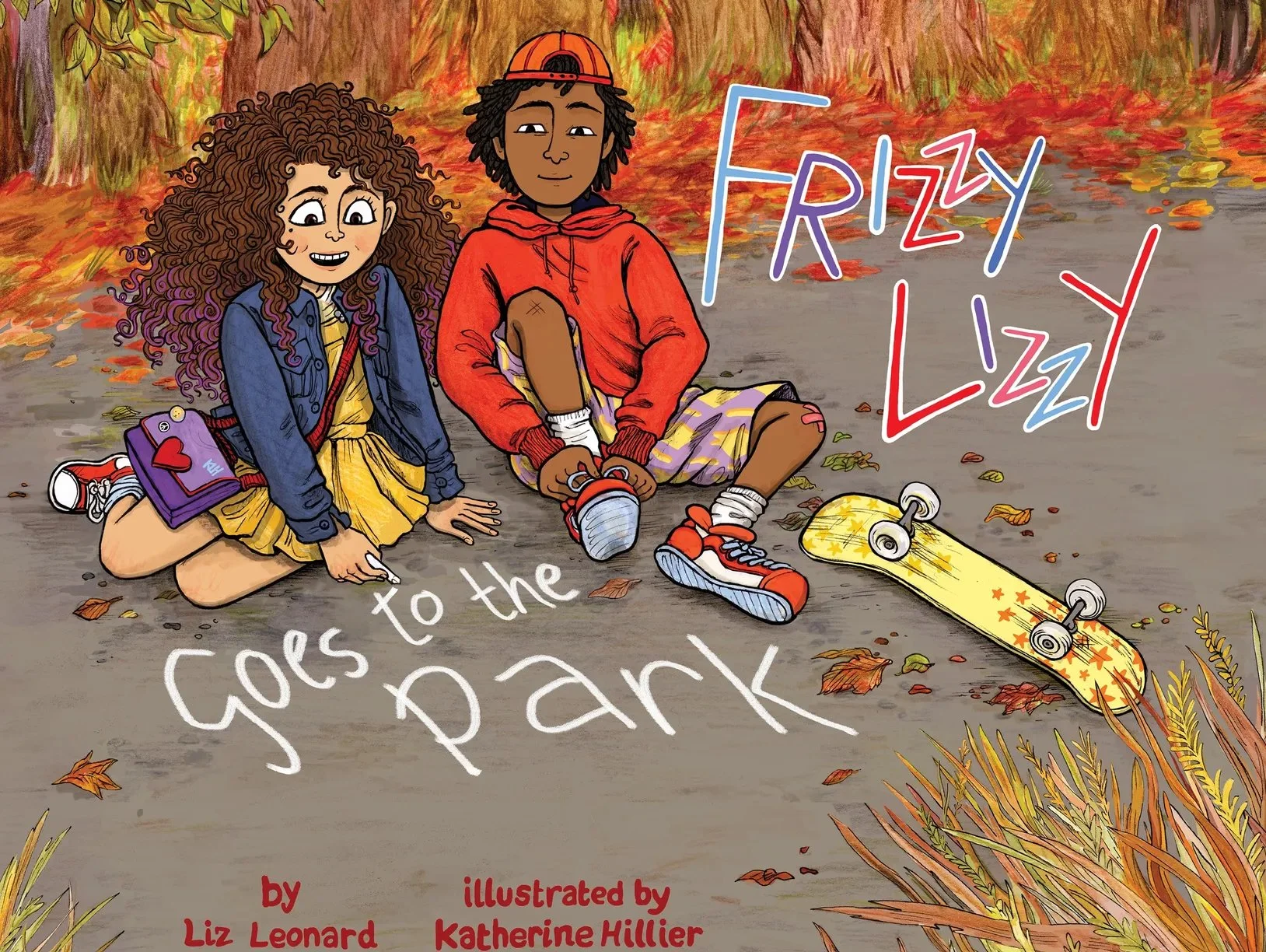 Two children, a girl with curly hair and a boy with dreadlocks, sitting on the ground in a forested area with autumn leaves. The girl is holding a marker, and there is a skateboard nearby. The image has colorful, stylized text.