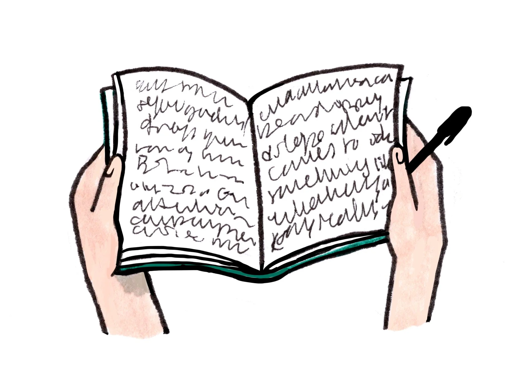 Drawing of hands holding an open journal with handwritten text and a pen.