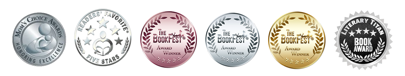 Collection of six book awards or medals in silver, bronze, and gold with various designs and inscriptions, including 'Mom's Choice Awards,' 'Readers' Favorite Five Stars,' 'The BookFest Award Winner,' and 'Literary Titan Book Award.'