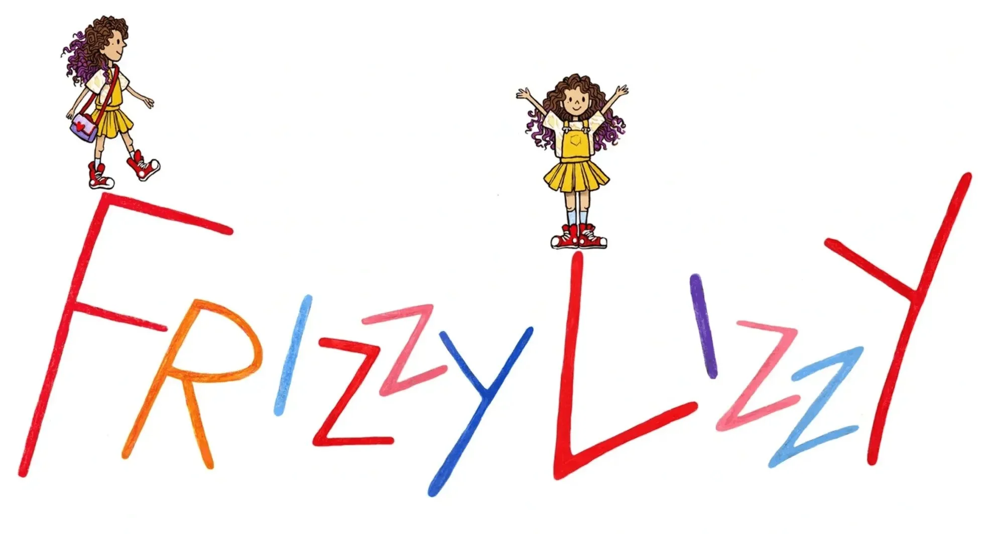 Drawing of three girls with curly hair, one standing on the word part of the word "frenzy" with arms outstretched, another standing on the number "1," and the third standing on the letter "Y." The word "frenzy" is spelled out with colorful, playful letters.